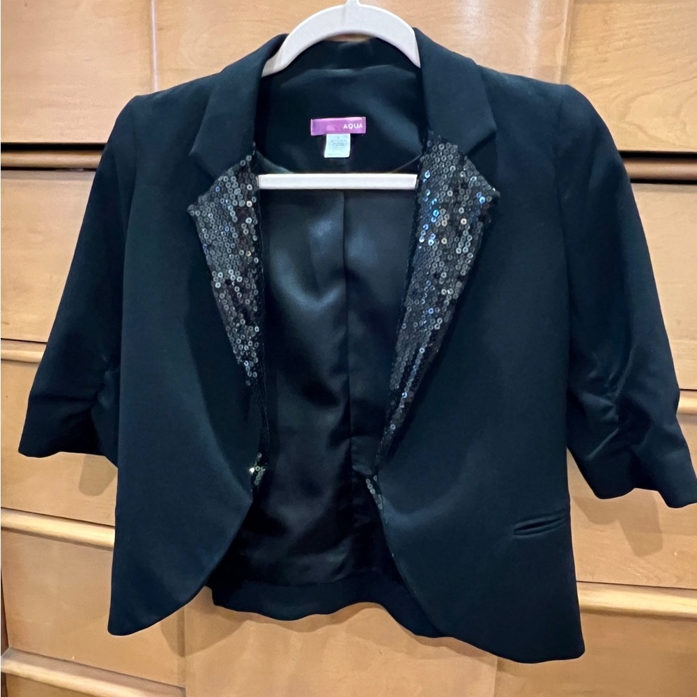 Youth Girls black sequined blazer with pocket and ruched sleeves